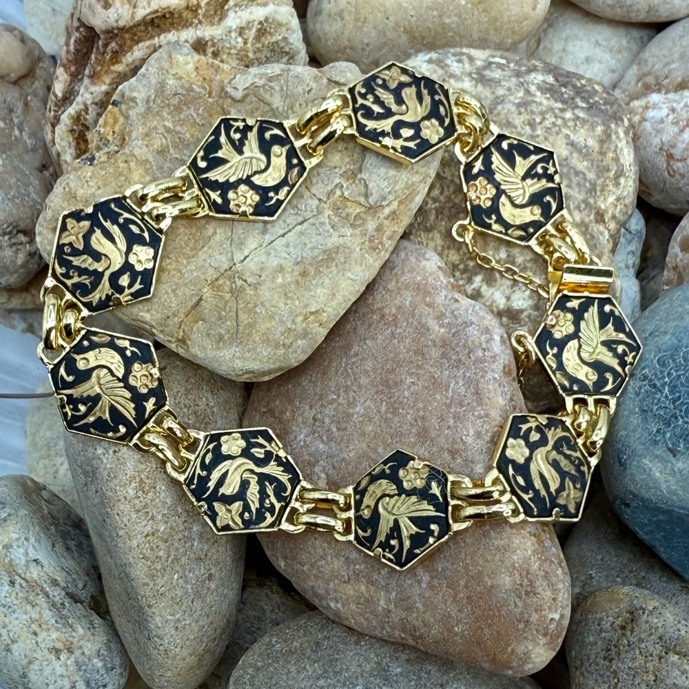 Vintage Toledo Damascene Spain Bird Floral Gold Black Bracelet 7.75”–8” - Picture 5 of 17